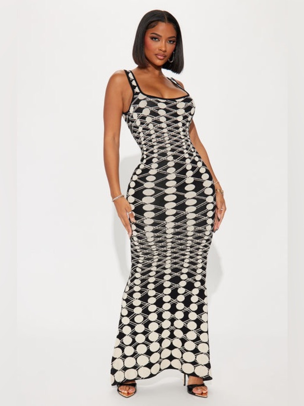 Sleeveless Black & Cream Patterned Bodycon Knit Maxi Dress
